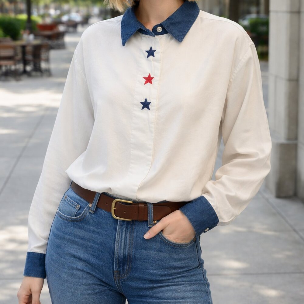 Vintage 90s Southwest Canyon Americana Shirt – Size L red white blue stars